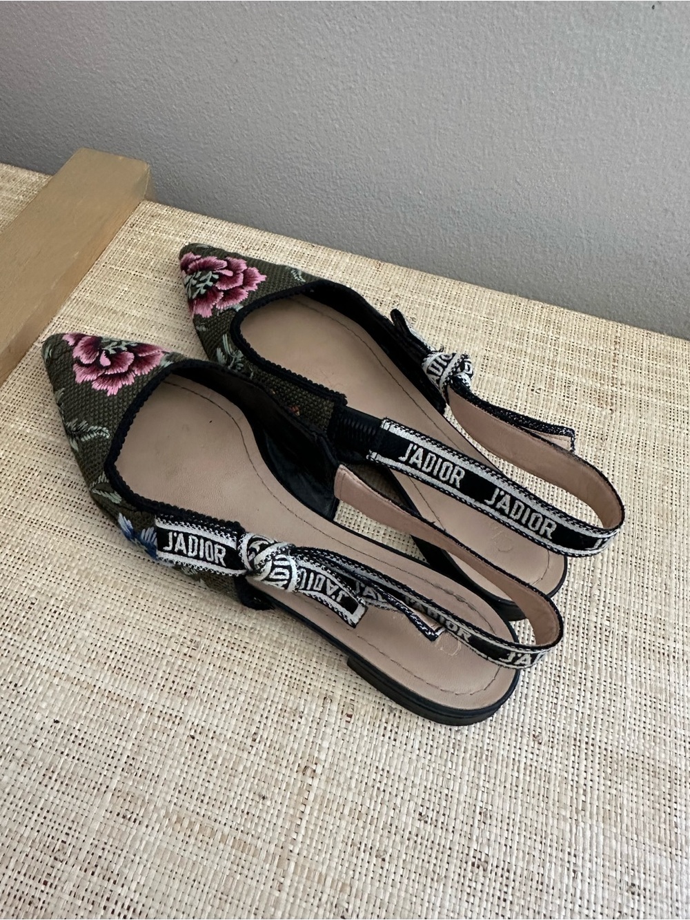 Dior Olive Embroidered Floral Slingback Flats with Pink Blooms - Picture 2 of 8